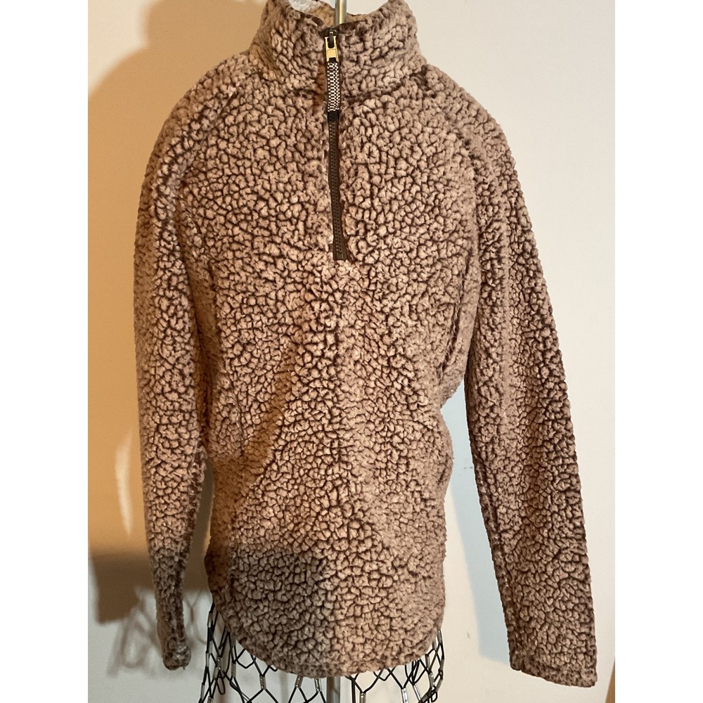 Cozy‎ Sherpa Womens Brown Ivory Faux Fur Quarter Zip Fleece Pullover Small